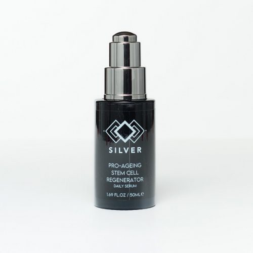 Silver Serum with silver top and black packaging. Pro-ageing serum not anti-ageing serum