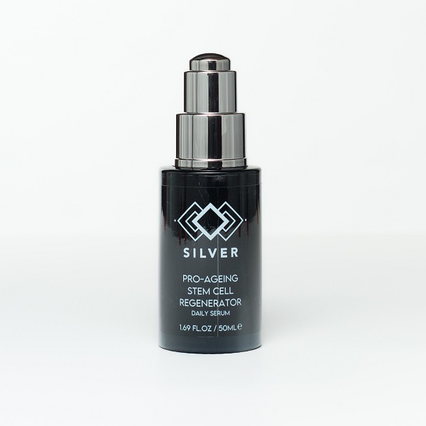 Silver Serum with silver top and black packaging. Pro-ageing serum not anti-ageing serum