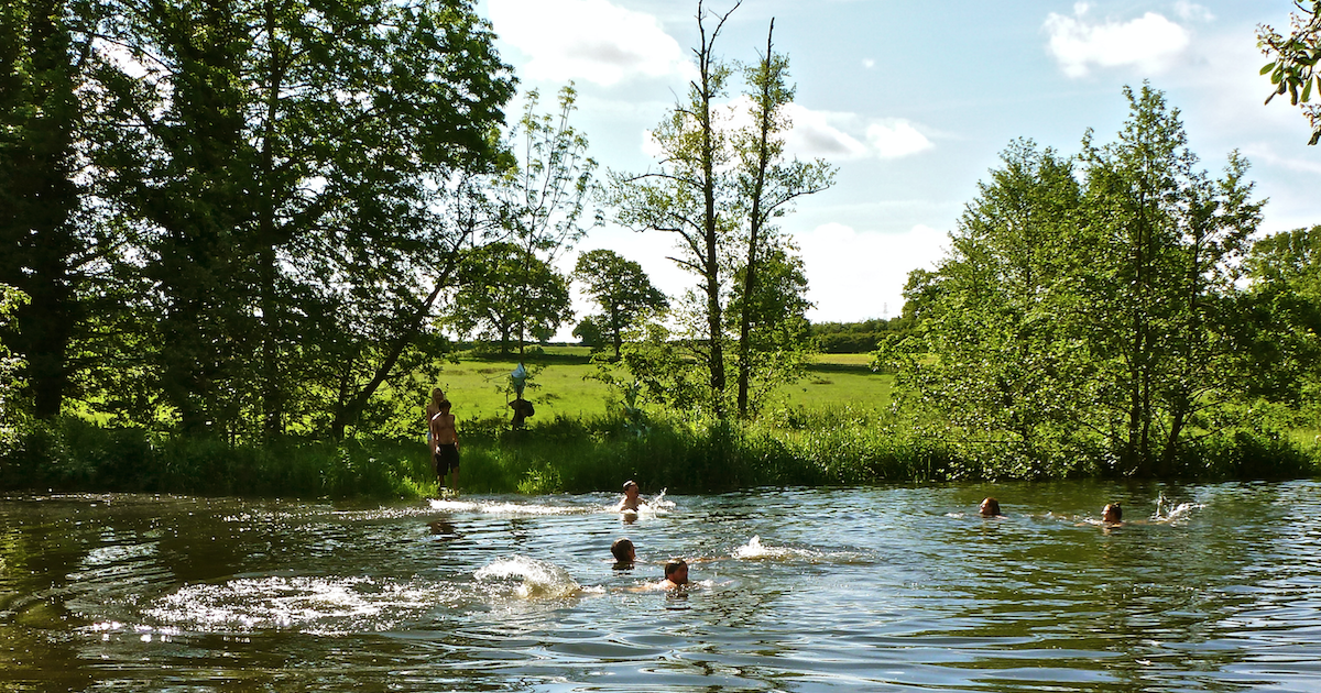 Lake with people swimming in it. Chalk streams clean enough to drink from at West Lexham join us next year